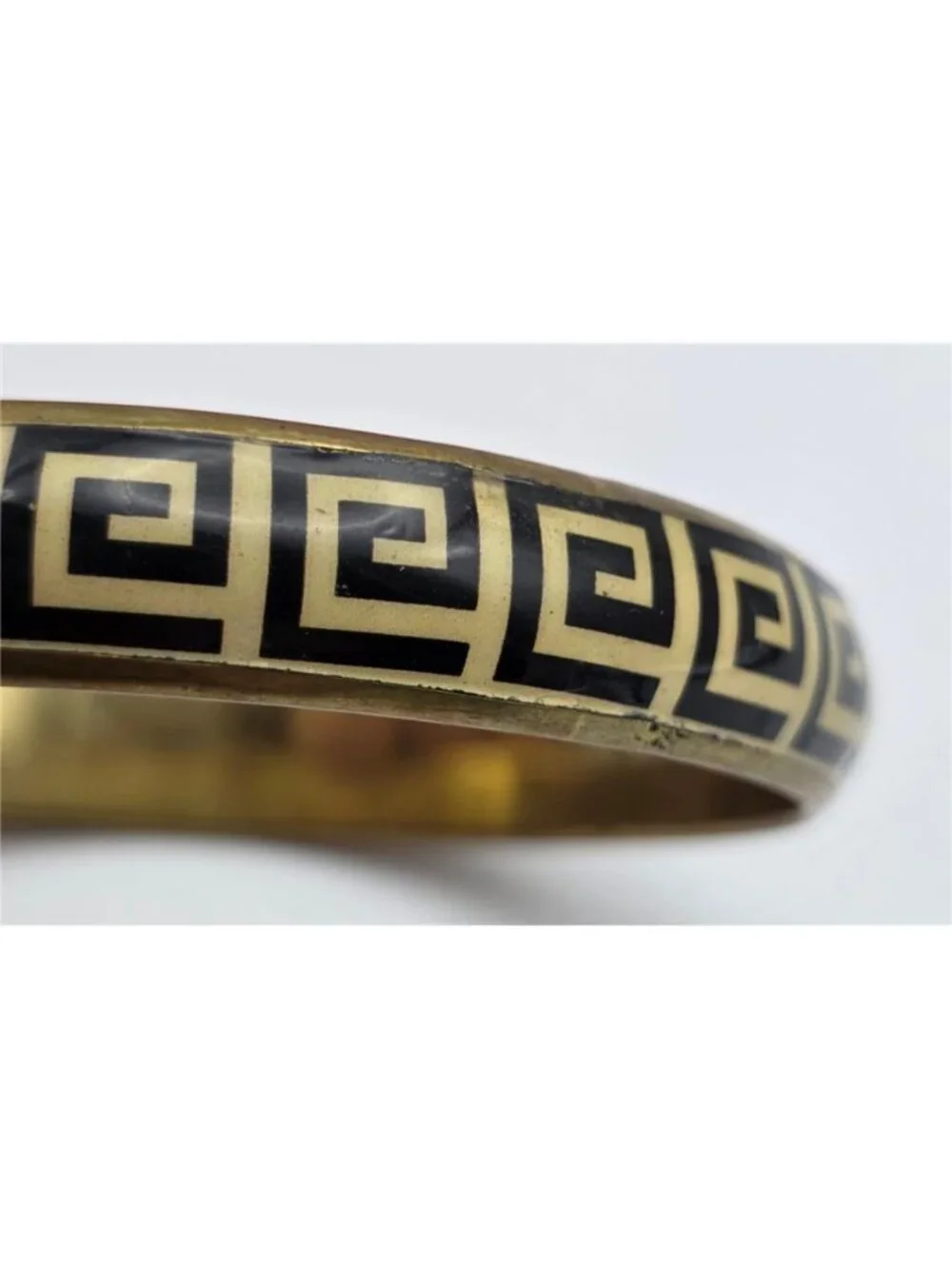 Vintage Gold Tone Black Cream Enamel Greek Key Bangle Bracelet 8 In Geometric